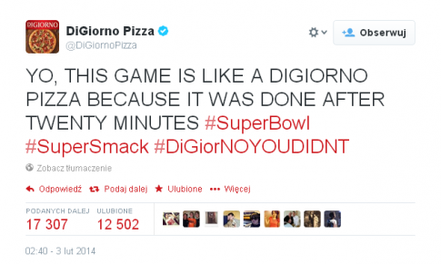 Ilustracja 5. Błyskotliwa reakcja administratora profilu DiGiorno Pizza na wydarzenia podczas Super Bowl Źródło: www.twitter.com