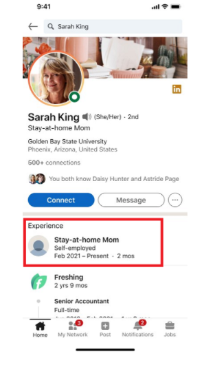 screen z opcją mama w domu, ustawioną na LinkedIn