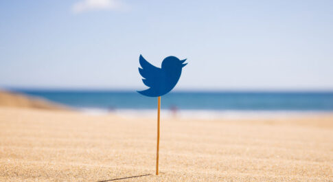 logo Twittera na patyku, który jest wbity w piasek na plaży