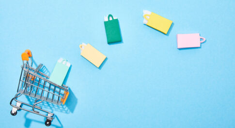 Miniaturowy koszyk zakupowy, z którego wypadają miniaturowe torby. Na niebieskim tle.