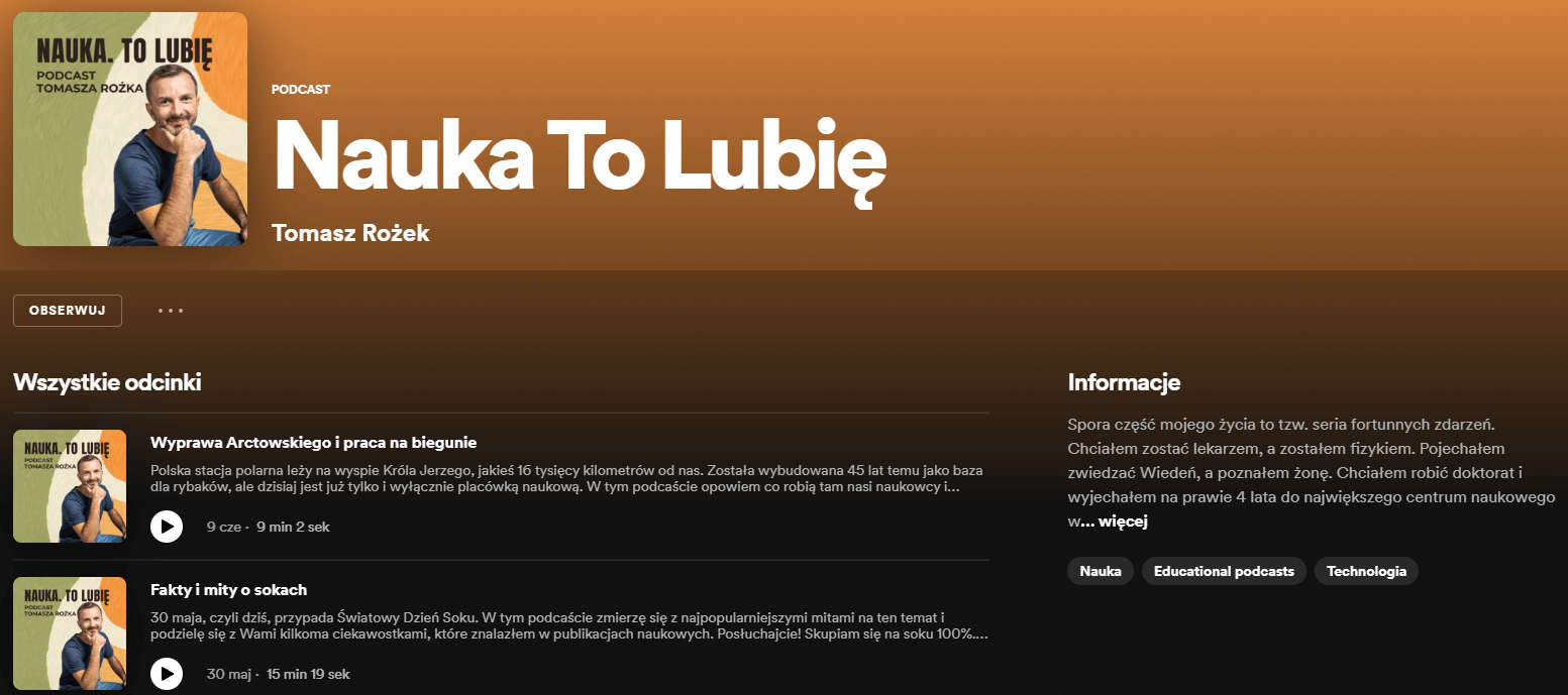 Screen ze Spotify profilu podcastu Nauka to Lubię. 